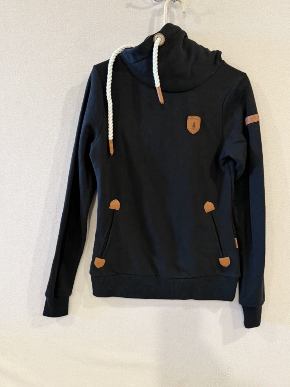 Wanakome Hestia Black Cowl Neck Rope Hoodie Sweatshirt Vegan Leather Trim SZ M